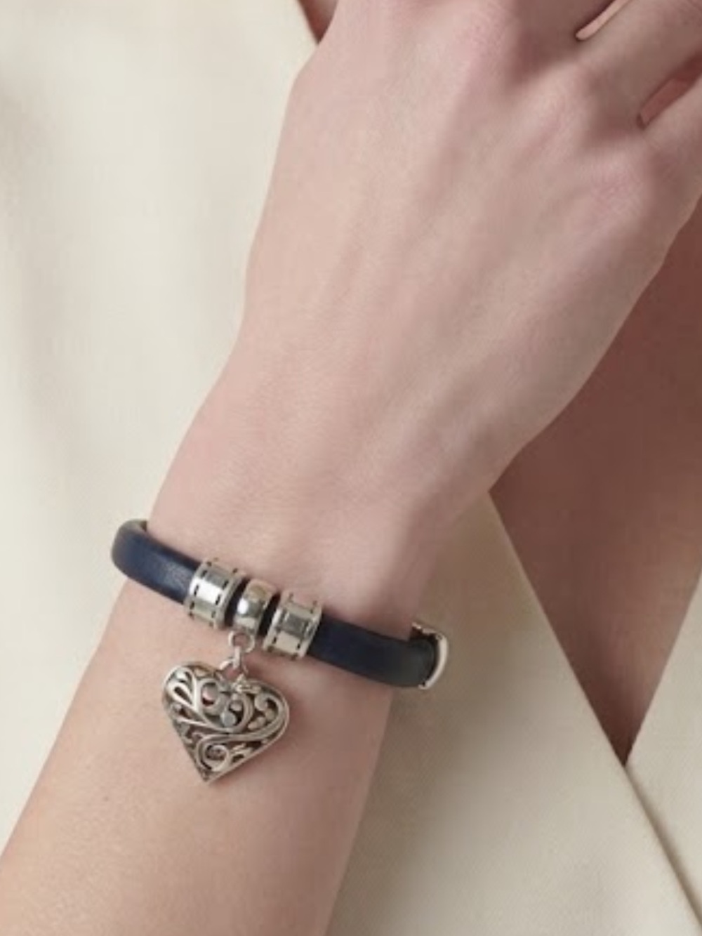 Sundance Navy Leather Bracelet with Filigree Heart Charm